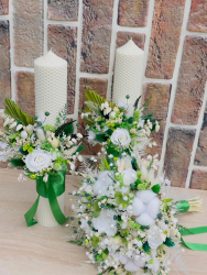 Set buchet si lumanari tip fagure cu trandafir criogenat si plante naturale uscate - Alb Verde 