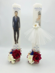Set lumanari nunta personalizabile cu nume si data decorate cu flori din catifea si silueta mire si mireasa multicolor 