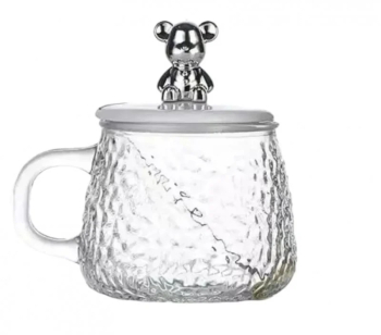 Cana din sticla textura lovitura de ciocan cu capac si lingurita 350 ml