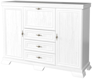 Comoda living VM6P o usa rabatabila pentru bar 2 usi fixe 3 sertare insertii MDF 158 x 46 x 117 cm Alb antichizat 