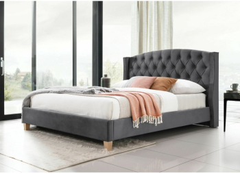 Pat dublu KL Ando tapitat cu catifea somiera inclusa structura lemn masiv tablie inalta 140x200 cm gri 