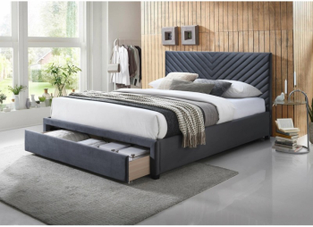 Pat dublu KL Miriam cu sertar tapitat cu catifea structura lemn masiv 160x200 cm gri 