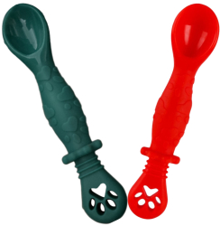 Set 2 Pre Lingurite Bebelusi pentru Hranire si Diversificare la Bebe de 4-24 luni   din Silicon 2 capete Verde si Rosie 