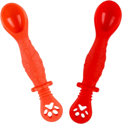 Set 2 Pre Lingurite Bebelusi pentru Hranire si Diversificare la Bebe de 4-24 luni   din Silicon 2 capete Portocalie si Rosie 