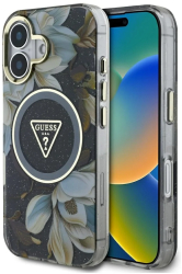 Husa pentru iPhone 16 - Guess IML Metal Glitter Flowers Triangle MagSafe GUHMP16SHFLPEDK - Black
