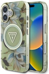 Husa pentru iPhone 16 - Guess IML Metal Glitter Flowers Triangle MagSafe GUHMP16SHFLPEDN - Green 