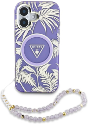 Husa pentru iPhone 16 - Guess IML Palm Trees Triangle with Pearl Strap MagSafe GUHMP16SHPCTPLSU - Purple