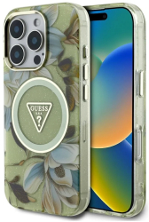 Husa pentru iPhone 16 Pro - Guess IML Metal Glitter Flowers Triangle MagSafe GUHMP16LHFLPEDN - Green 