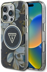 Husa pentru iPhone 16 Pro Max - Guess IML Metal Glitter Flowers Triangle MagSafe GUHMP16XHFLPEDK - Black 