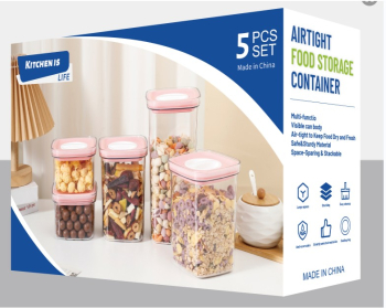 Set 5 cutii depozitare Flippy PET Jar PP Silicon 2000mL Transparente Capac alb-albastru 