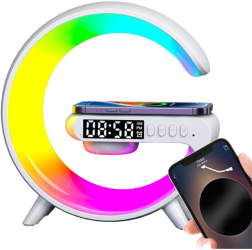 Statie incarcare compatibil cu telefon cu incarcare wireless 3 in 1 cu lampa rgb si boxa bluetooth alb 