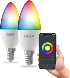 Set 2 becuri LED RGB inteligente Calex Smart Wi-Fi B35 E14 4.9W 470 lm dimabil lumina alba si colorata Compatibil Google Assistant Alexa 