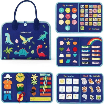 Carte Senzoriala Educativa Montessori Dezvoltare Abilitati Motorii 5 Pagini Model Dinozauri 28x22x7 cm Albastru 