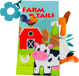 Carte senzoriala fosnitoare pentru bebelusi cu animalute colorate si inel din silicon pentru dentitie Farm Tails 