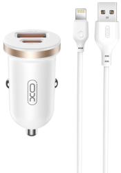 Incarcator auto 12V XO 30W USB-A USB-C QC 3.0 PD3 CC56 + cablu Lightning alb 
