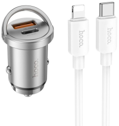 Incarcator Auto Dual Hoco NZ10 1 x UsbC Putere 45W 1 x Usb QC 3.0 Putere 18W Cablu UsbC La Lightning Silver 