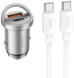 Incarcator Auto Dual Hoco NZ10 1 x UsbC Putere 45W 1 x Usb QC 3.0 Putere 18W Cablu UsbC La UsbC Silver 