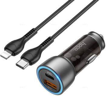 Incarcator Auto Duo Charge Hoco NZ8 + Cablu Lightning QC 3.0 USB si type-C Negru 