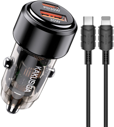 Incarcator Auto Fast Charge Kakusiga KSC-1176 60W PD Dual USB Port cu cablu USB-C - tip Lightning Negru