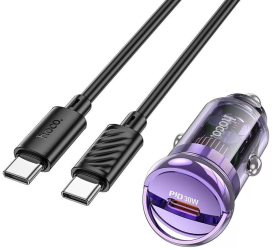 Incarcator Auto Hoco Z53 1 Port USB C Putere 30W Aliaj Aluminiu si Policarbonat Ignifug 3A Cablu de 1m Inclus Violet 