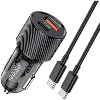 Incarcator auto Kakusiga 60W 1 port USB-C 1 port USB-A Incarcare Rapida 3.0 + Cablu Type C Negru