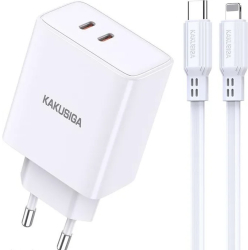 Incarcator de retea Kakusiga 40W PD Fast charge 3.0 2 porturi USB-C + cablu Lightning Alb 