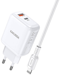 Incarcator de retea Kakusiga Dual Port EU Charger KSC-670 PD 30W USB typ C + QC3.0 USB + 1m cablu USB-C - Apple Lightning alb 
