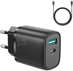 Incarcator rapid retea Joyroom L-QP2011 1x USB-C 1x USB 20W 3A PD si QC Cablu USB-C la Lightning 1m inclus Negru 