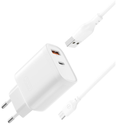 Incarcator Retea 30W PD Dual USB Fast charge XO L116 cu cablu USB-A - MicroUSB Alb 