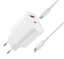 Incarcator Retea 30W PD Dual USB Fast charge XO L116 cu cablu USB-C - USB-C Alb 