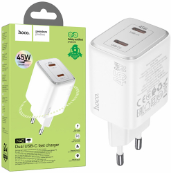 Incarcator Retea Fast Charge Hoco 2 X USB-C 45W Alb Compatibil cu Samsung Iphone 15/16 Google Pixel Xiaomi iPad Air iPad Pro 