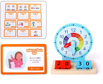 Jucarie Educativa si Interactiva Montessori Ceas din Lemn cu Alarma Diferite Forme Geometrice si Cartonase Multicolore 
