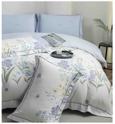 Lenjerie de lux cu elastic albastru deschis si alb din bumbac finet 6 Piese cu model floral albastrele 