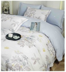 Lenjerie de lux cu elastic bleu si alb din bumbac finet 6 Piese cu model floral si accente galbene 