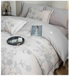 Lenjerie de lux cu elastic gri si alb din bumbac finet 6 Piese cu model floral gri 