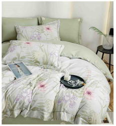 Lenjerie de lux cu elastic verde deschis din bumbac finet 6 Piese cu flori roz si mov
