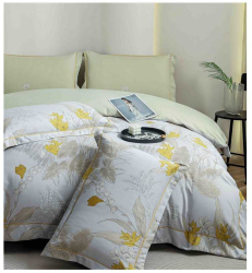 Lenjerie de lux cu elastic verde si alb din bumbac finet 6 Piese cu model floral galben 