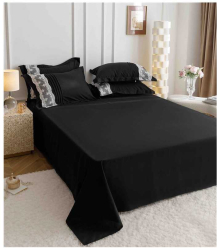 Lenjerie de pat din finet cu inimi brodate neagra 