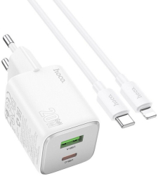 Pachet Incarcator Hoco Dual Fast Charger Putere 20W 1 x USB 1 x UsbC Cablu UsbC La Lightning Inclus Alb N41 