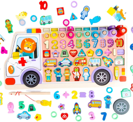 Placa logaritmica multifunctionala Montessori cu figurine masinute forme geometrice joc de pescuit si calcule matematice 6 in 1 Ambulan