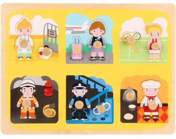 Puzzle Montessori din Lemn pentru Copii 3D Click 0-3 Ani Model Profesii Educativ Intuitiv Creativ 6 Piese Multicolor 
