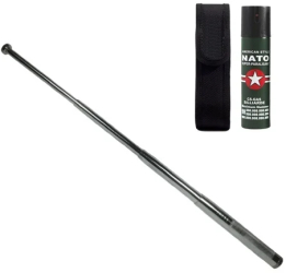 Set baston telescopic din otel si spray paralizant 110 ml argintiu 77 cm 4 sectiuni husa inclusa 