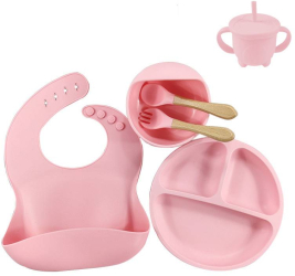 Set hranire bebelusi si copii Cafuneplus® Pentru diversificare din silicon BPA free Purpley baveta farfurie compartimentata bol cu