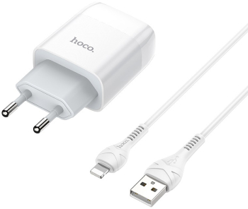 Set Incarcator Retea Hoco C73A 2xUSB + Cablu Date tip Lightning 1m Alb