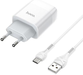 Set Incarcator Retea Hoco C73A 2xUSB + Cablu Date Type C 1m Alb 