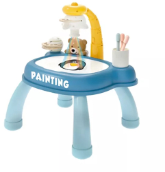 Set masuta de desen cu proiector holograma 3 diapozitive cu 24 animatii si muzica 12 carioci albastru 35.5 x 35 x 38 cm 