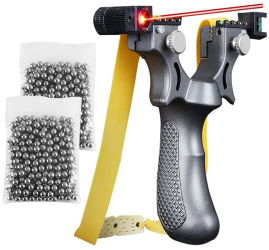 Set prastie cu laser IdeallStore® Sling King plastic 11.5 cm cu boloboc argintiu si 200 bile metalice 7 mm 
