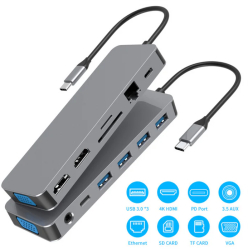 HUB USB-C 13 in 1 Docking Station cu 2x 4K HDMI Eternet RJ45/1000Mbps VGA 3 x USB 3.0 1 x USB 2.0 USB-C Data PD Cititor SD/TF Jack