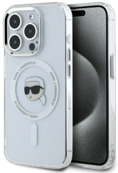 Husa pentru iPhone 15 Pro - Karl Lagerfeld IML MagSafe KLHMP15LHLSKIH - White Metal Karls Head 
