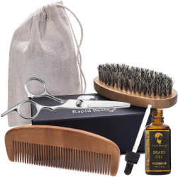 Kit profesional pentru ingrijirea barbii set complet cu ulei hidratant pieptene si perie din lemn foarfeca din otel inoxidabil